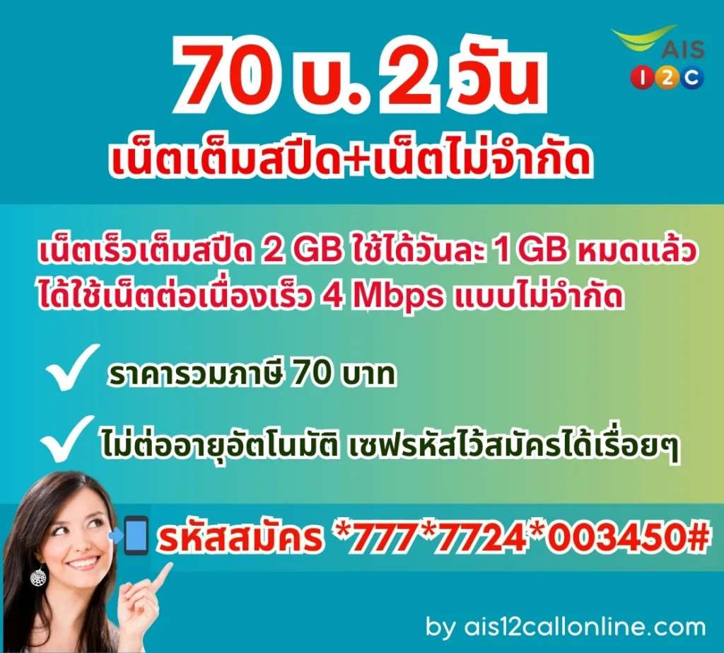 โปรเน็ต AIS 2 วัน ไม่จำกัด ราคา 70 , 90 บาท ถูกมาก ซุปเปอร์คุ้ม